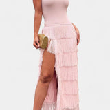 Kalani Vestido Maxi con Flecos en Capas y Abertura Lateral