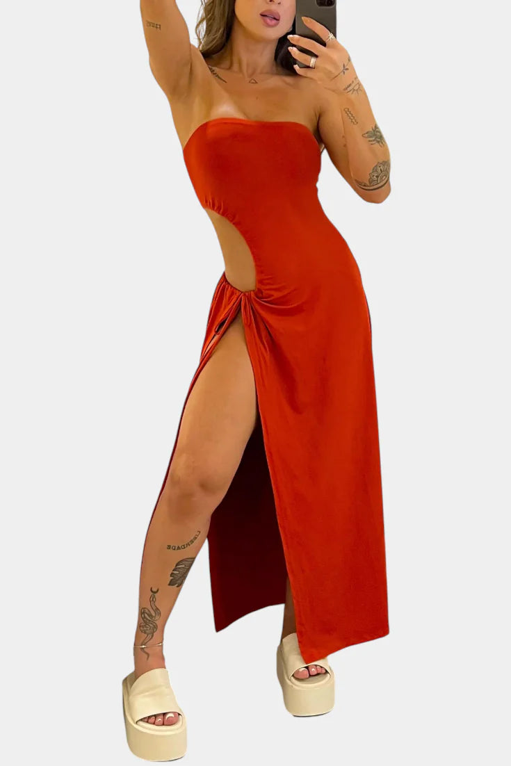 Teuta Vestido Sin Tirantes con Lazo Lateral y Abertura Alta