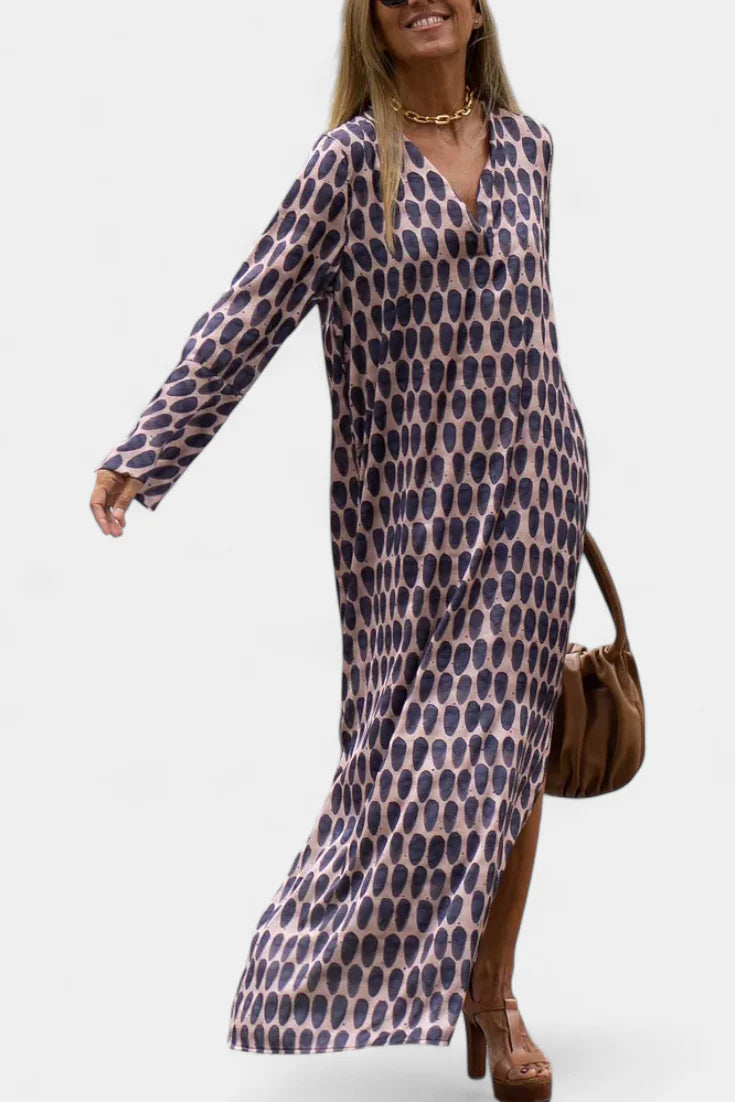 BRISA VESTIDO LARGO GEOMÉTRICO CON ABERTURA Y ESCOTE EN V