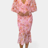 Carly Vestido Midi Floral con Cintura Fruncida y Mangas Vaporosas