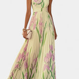 Calanthe Vestido Largo Plisado con Estampado Floral y Escote Cuadrado