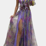 Amelie Vestido Maxi Asimétrico de Un Hombro con Estampado Artístico