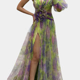 Amelie Vestido Maxi Asimétrico de Un Hombro con Estampado Artístico