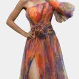 Amelie Vestido Maxi Asimétrico de Un Hombro con Estampado Artístico