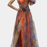 Amelie Vestido Maxi Asimétrico de Un Hombro con Estampado Artístico