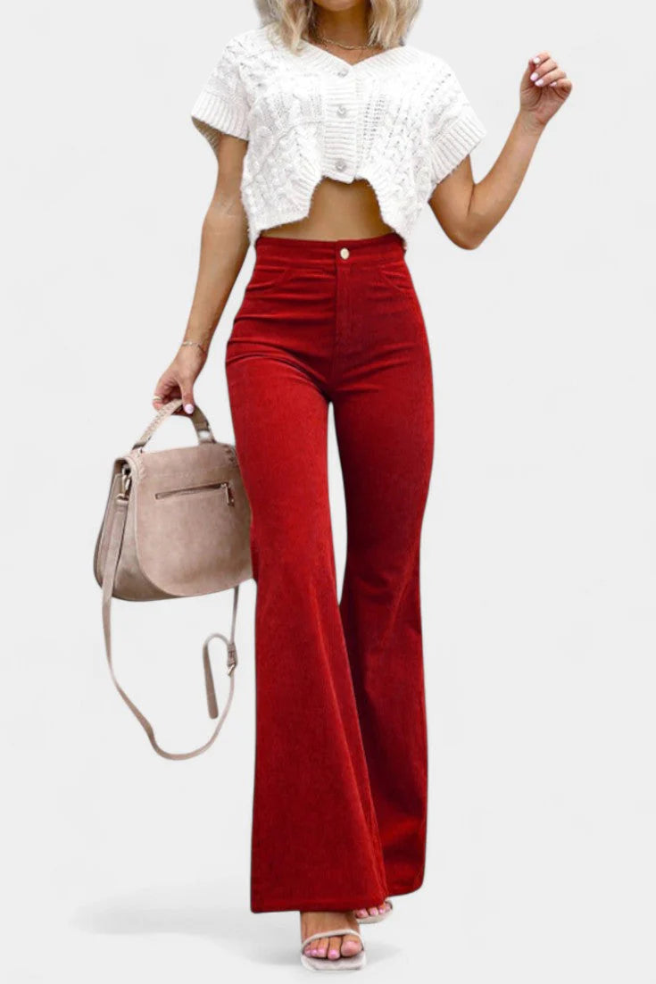 Kiara Pantalones de Terciopelo de Pierna Ancha de Cintura Alta