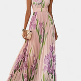 Calanthe Vestido Largo Plisado con Estampado Floral y Escote Cuadrado