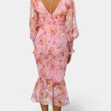 Carly Vestido Midi Floral con Cintura Fruncida y Mangas Vaporosas