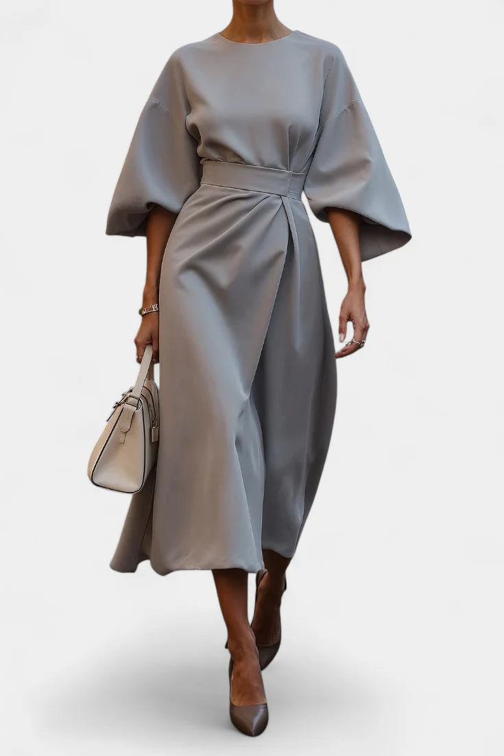 Micaela Vestido Midi con Mangas Lantern y Cintura Ceñida