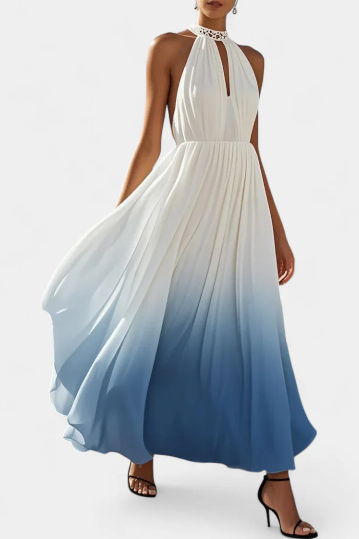 Starla Vestido Maxi Halter Plisado con Detalles de Perlas