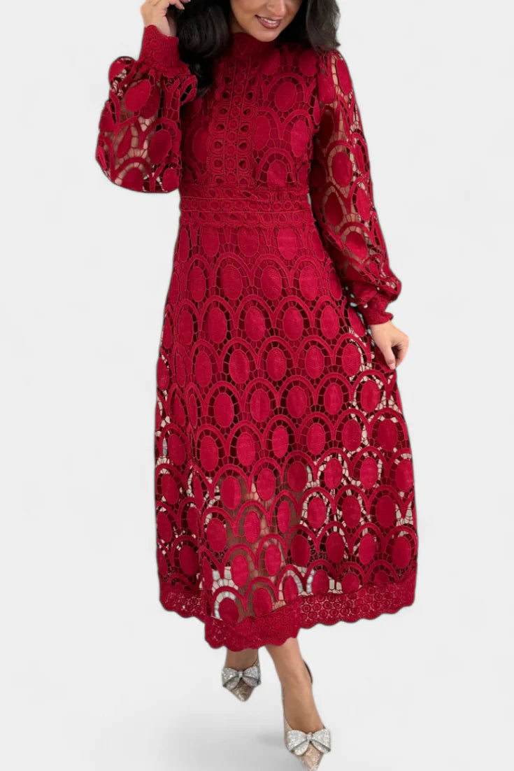 Jovie Vestido Midi de Encaje Bordado con Cuello Alto