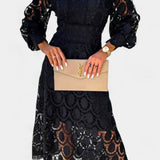 Jovie Vestido Midi de Encaje Bordado con Cuello Alto