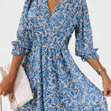 Benicia Vestido Floral de Manga Abullonada con Dobladillo Juguetón