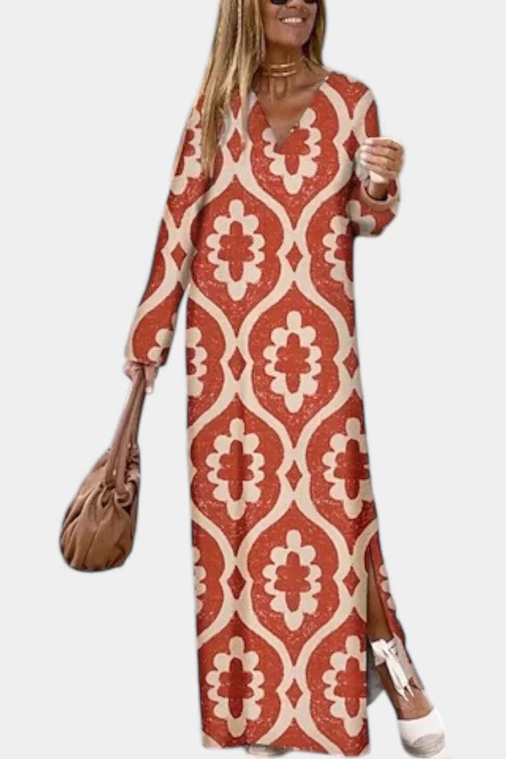 BRISA VESTIDO LARGO GEOMÉTRICO CON ABERTURA Y ESCOTE EN V