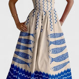Maricela Vestido Vintage con Tirantes y Estampado de Sardinas
