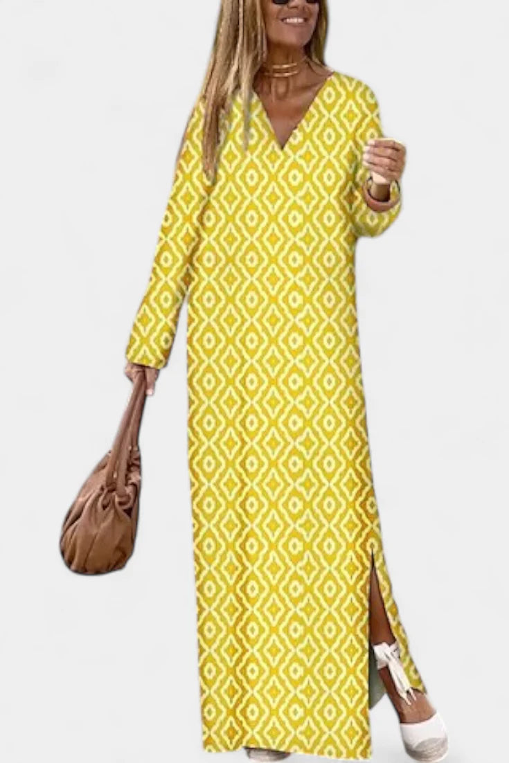 BRISA VESTIDO LARGO GEOMÉTRICO CON ABERTURA Y ESCOTE EN V