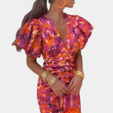 Wibia Vestido Estampado con Fruncido Central y Mangas Volumen