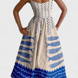 Maricela Vestido Vintage con Tirantes y Estampado de Sardinas