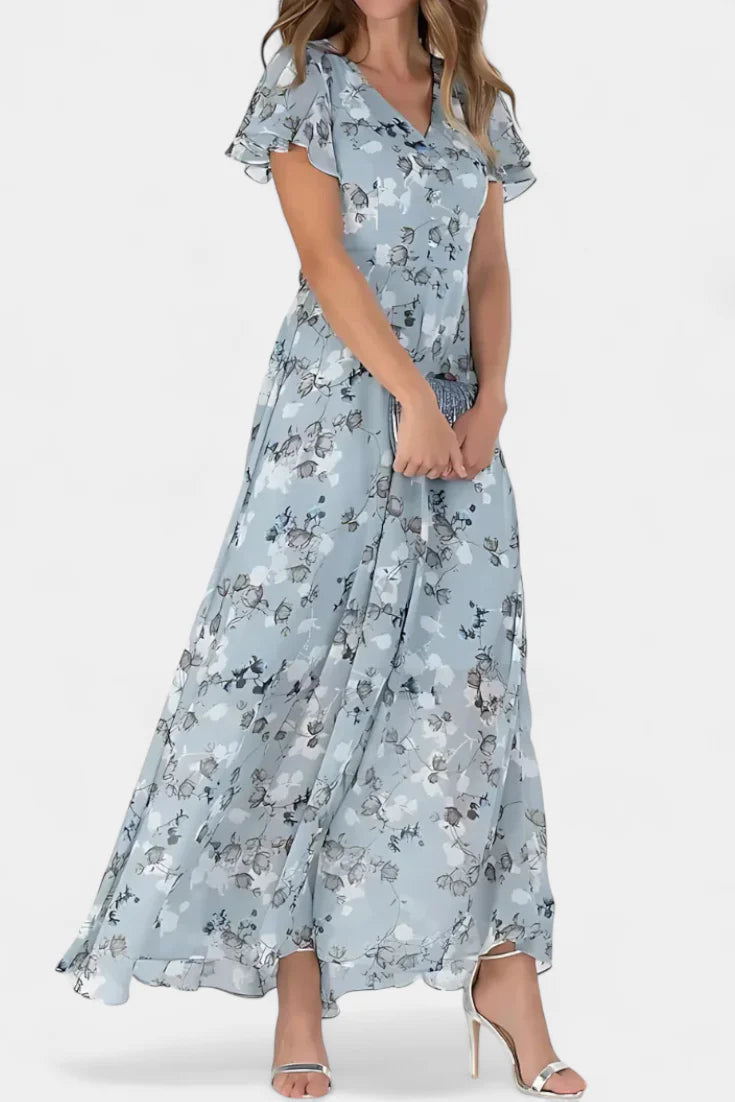 Amara Vestido Maxi Floral con Escote en V y Mangas Aladas