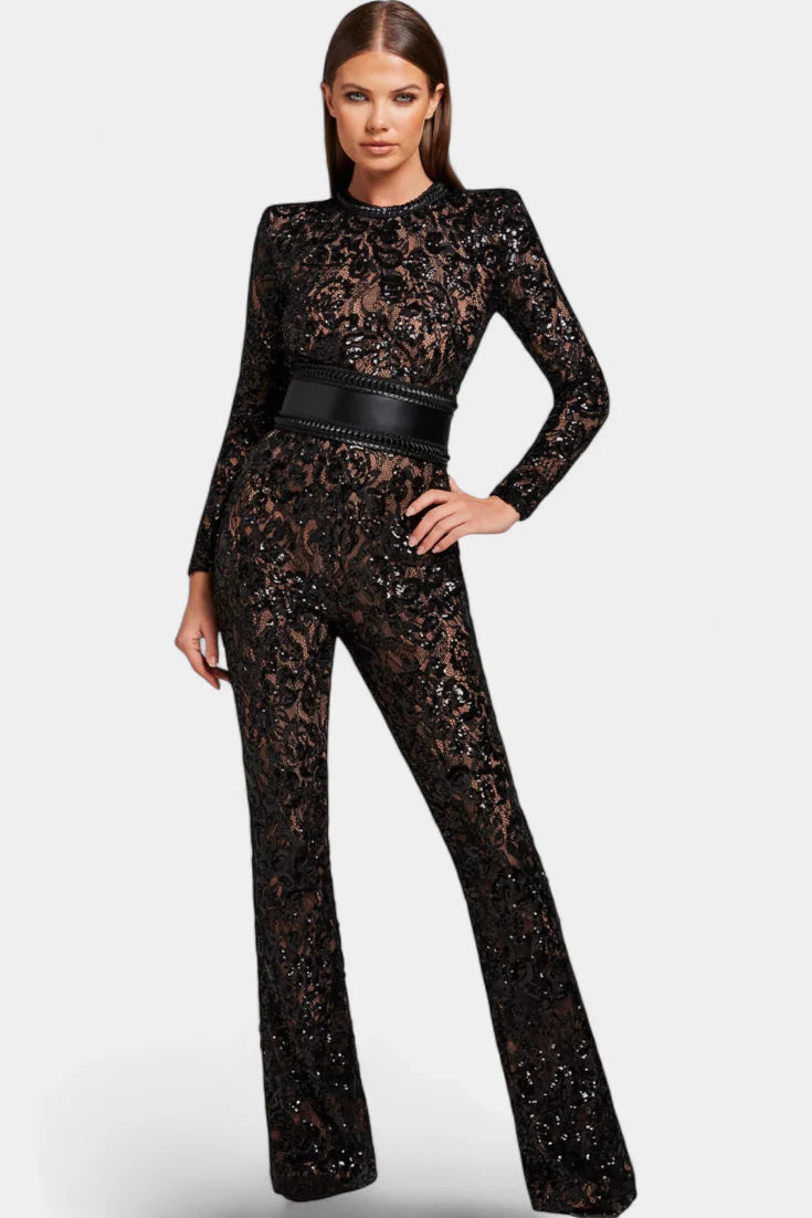 Sofia Mono de Encaje con Lentejuelas y Cinturón