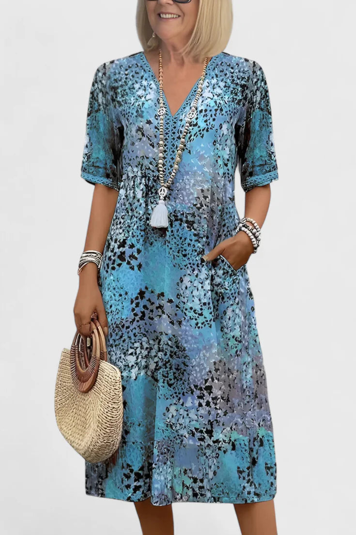 Perla Vestido Boho con Estampado Floral y Detalles en Crochet