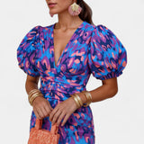 Wibia Vestido Estampado con Fruncido Central y Mangas Volumen