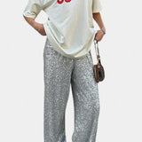 Elva Pantalones de Lentejuelas de Cintura Alta y Corte Holgado