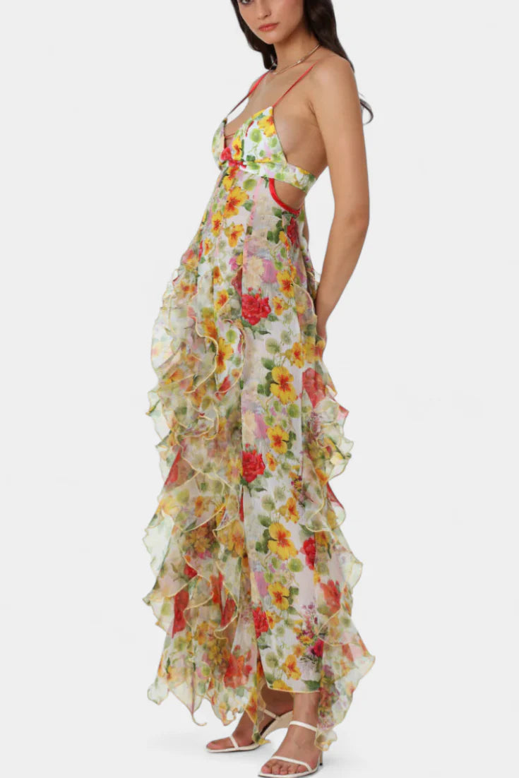 Bonnie Vestido Maxi con Volantes Florales y Corte Lateral
