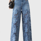 Jasiel Pantalón Palazzo de Encaje Denim con Bordado Floral