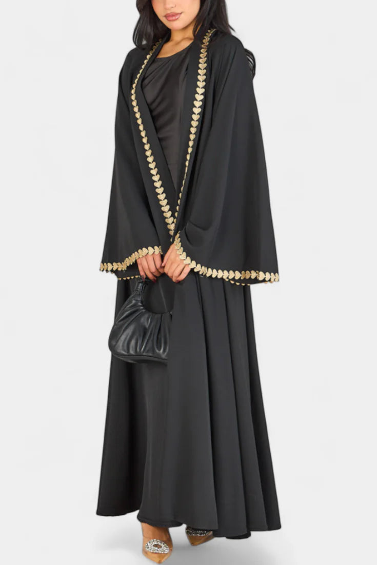 GINEBRA ABAYA FLUIDA CON BORDADO DORADO