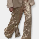Elva Pantalones de Lentejuelas de Cintura Alta y Corte Holgado
