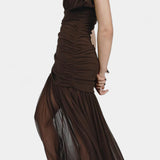 NOELIA VESTIDO BODYCON DE MALLA PLISADA MARRÓN