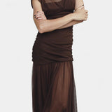 NOELIA VESTIDO BODYCON DE MALLA PLISADA MARRÓN