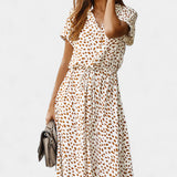 Rovena Vestido Midi de Lunares con Cuello Camisero y Cintura Ajustable