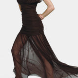 NOELIA VESTIDO BODYCON DE MALLA PLISADA MARRÓN