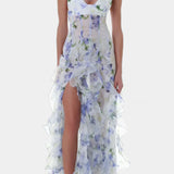Bonnie Vestido Maxi con Volantes Florales y Corte Lateral