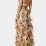 Bonnie Vestido Maxi con Volantes Florales y Corte Lateral