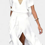 Effie Vestido Blanco Cruzado con Escote Calado y Abertura Frontal