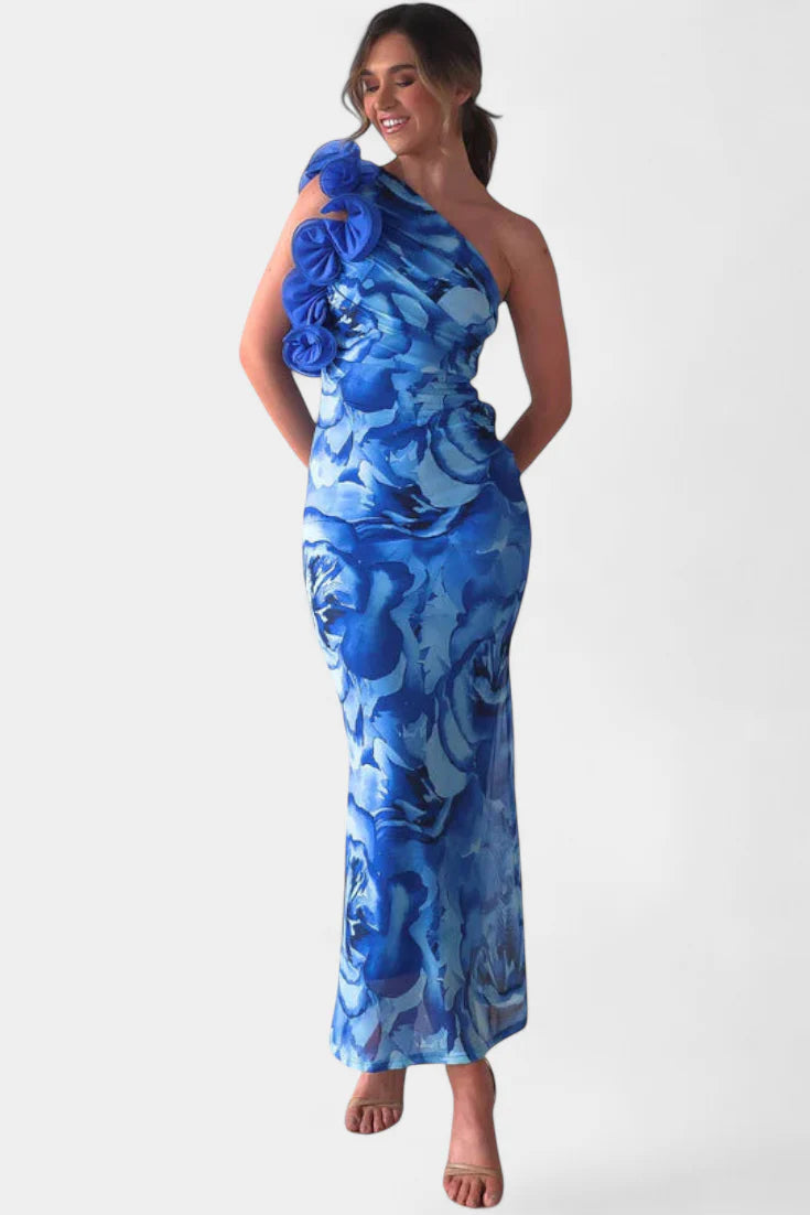 Maëlle Vestido Midi con Detalle Floral de Un Hombro