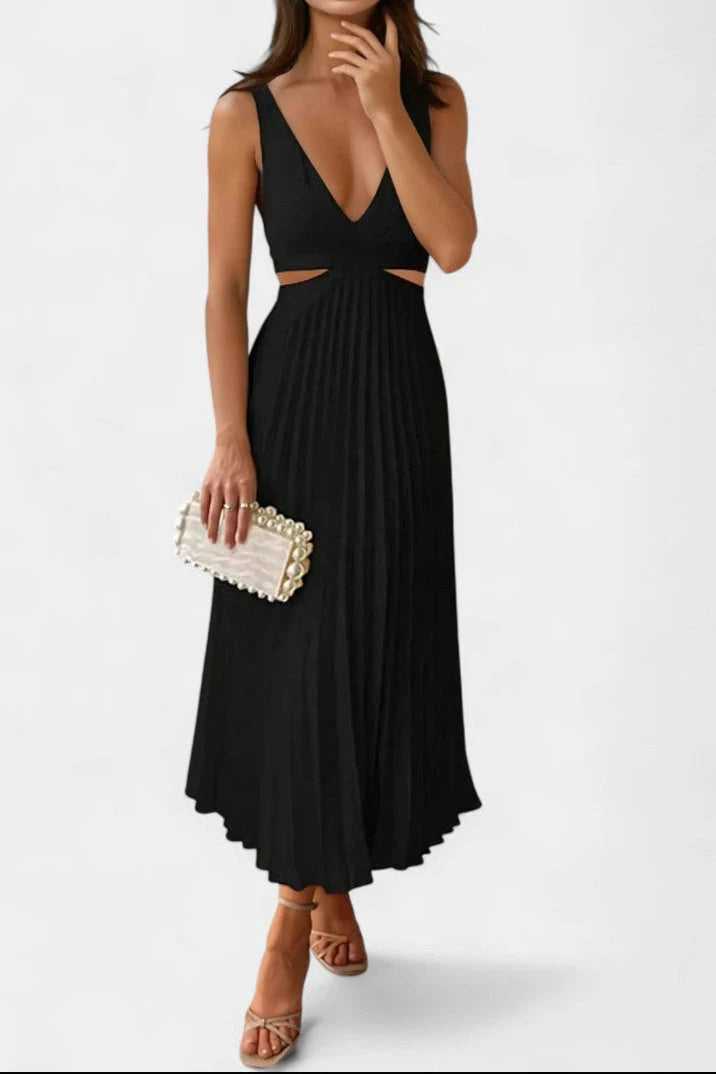 Selena Vestido Sin Mangas Plisado con Corte Lateral y Detalle Torcido