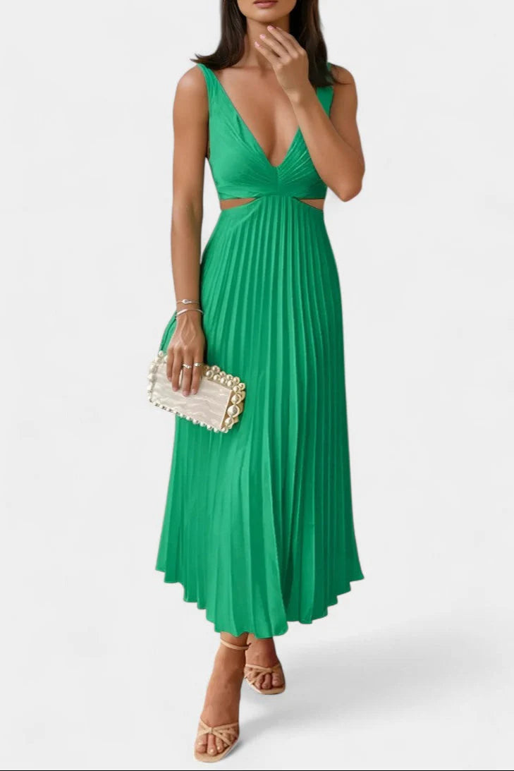 Selena Vestido Sin Mangas Plisado con Corte Lateral y Detalle Torcido